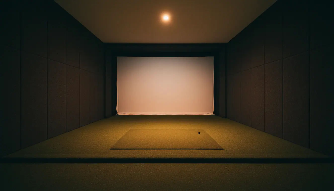 An indoor golf simulator bay at night: a full-height impact screen on the far wall, artificial turf running to a flat hitting area, dark acoustic wall panels and one warm downlight.